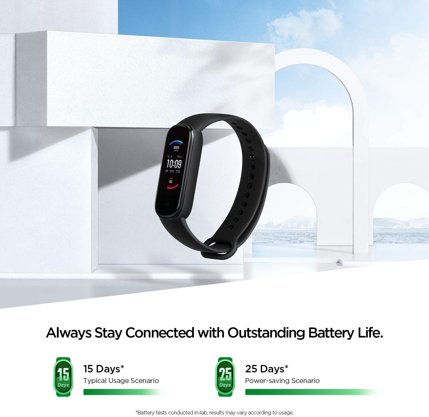 Band 5 Activity Fitness Tracker with Alexa Integration, 15-Day Battery Life, Blood Oxygen and Heart Rate Monitoring, Sleep and Stress Tracking, 5 ATM Water Resistance, Suitable for Men, Women, and Children, Black