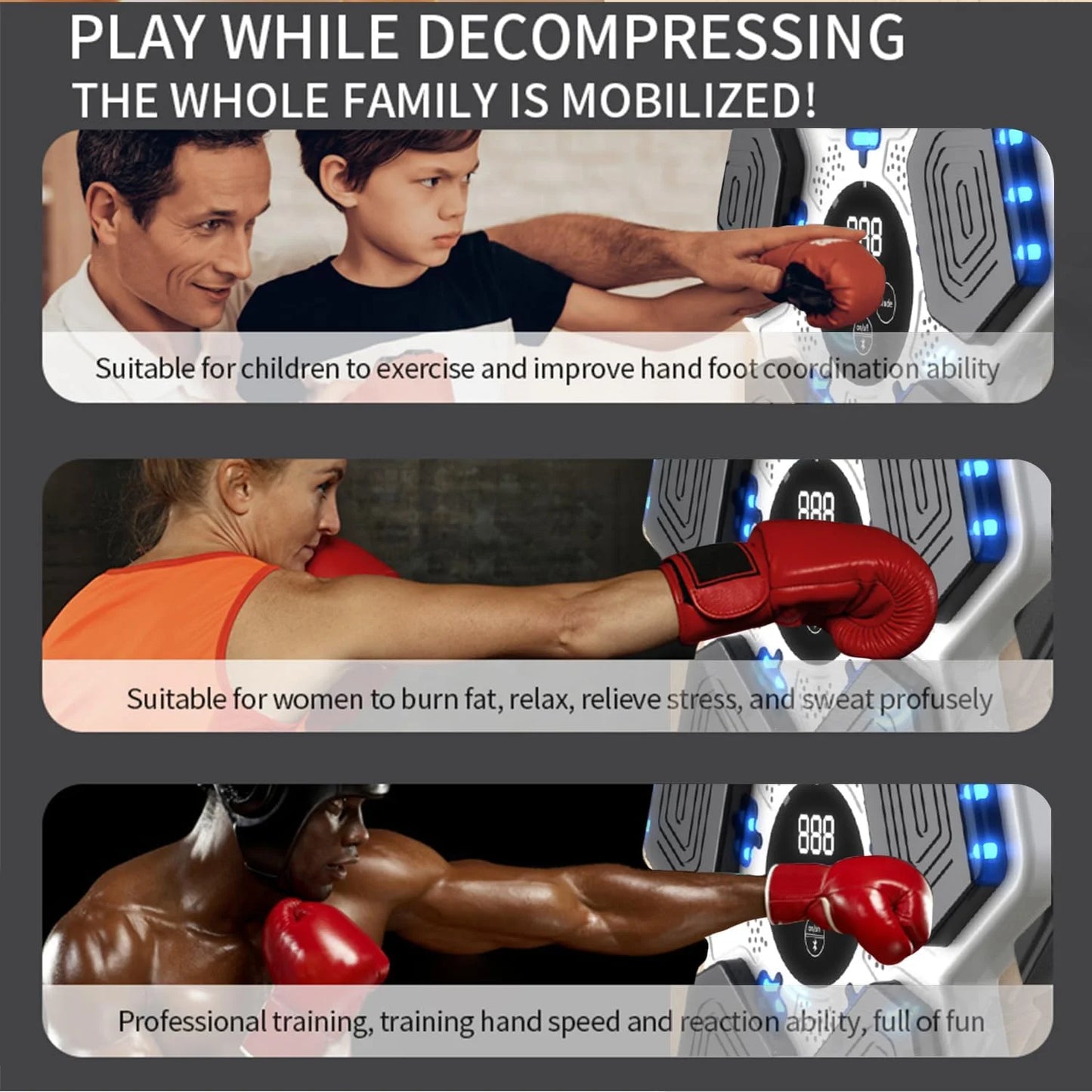 Enhanced Adult Smart Music Boxing Machine with Gloves – Electronic Wall-Mounted Fitness Device with Smart Display for Home and Gym Use, White