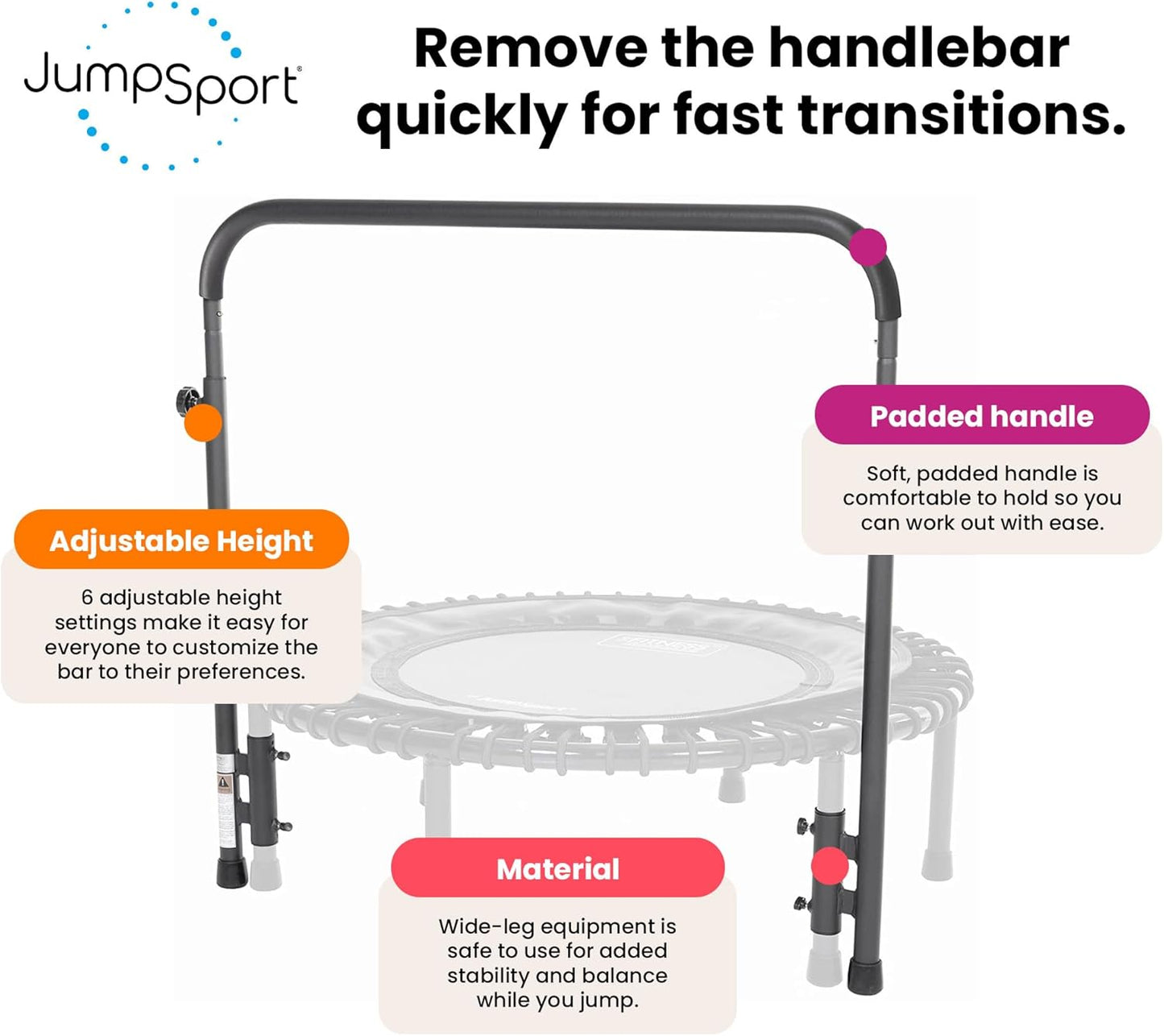 Handle Bar Accessory for 39 Inch Straight Leg Fitness Trampolines with 6 Adjustable Height Settings for Exercise & Physical Therapy, Black