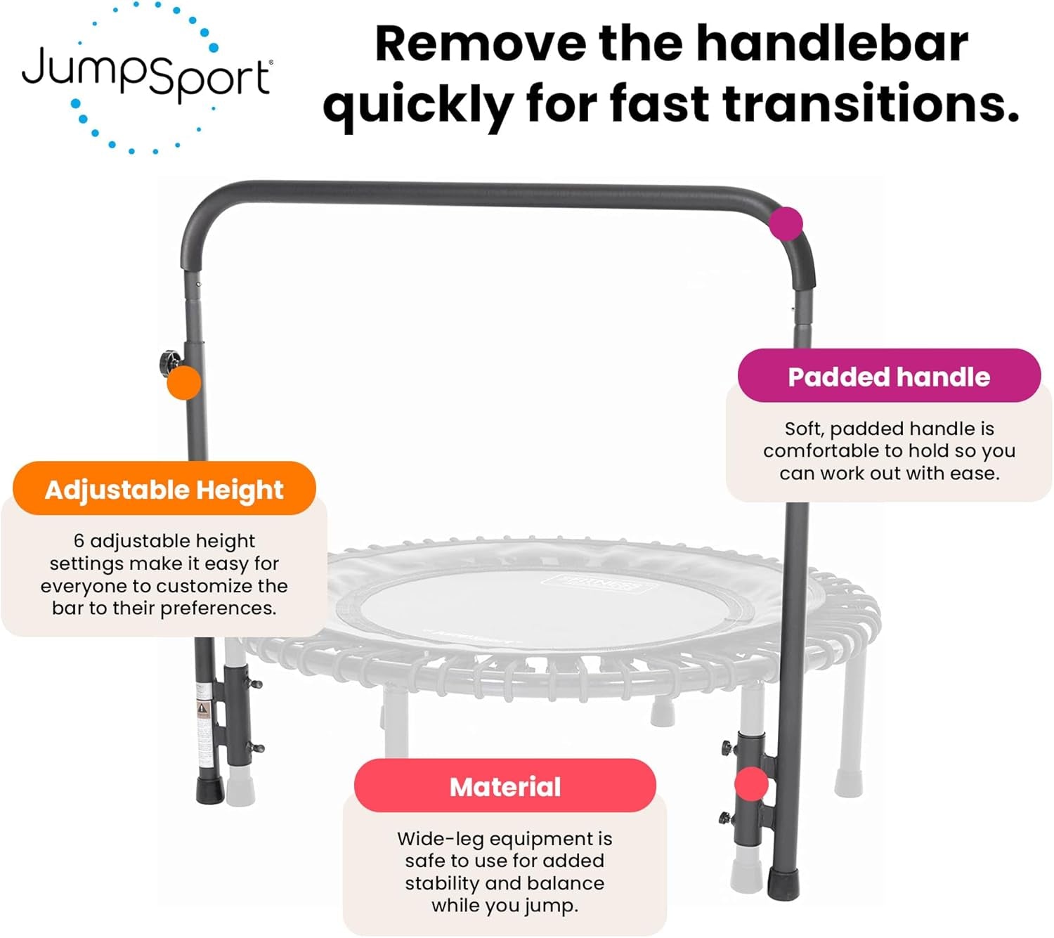 Handle Bar Accessory for 39 Inch Straight Leg Fitness Trampolines with 6 Adjustable Height Settings for Exercise & Physical Therapy, Black