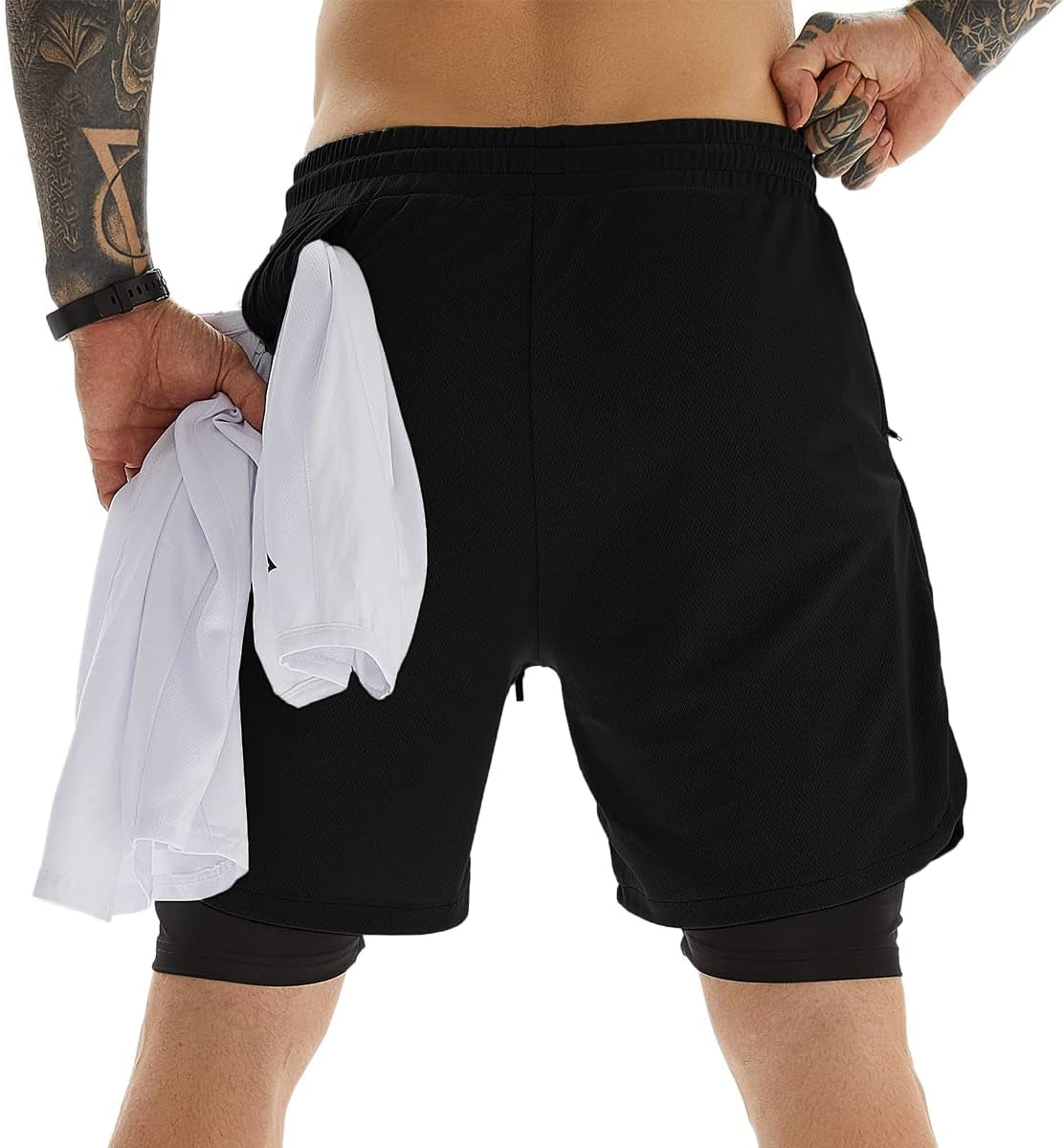 Men'S 2 in 1 Workout Running Shorts 7 Inch Lightweight Athletic Gym Shorts with Compression Liner