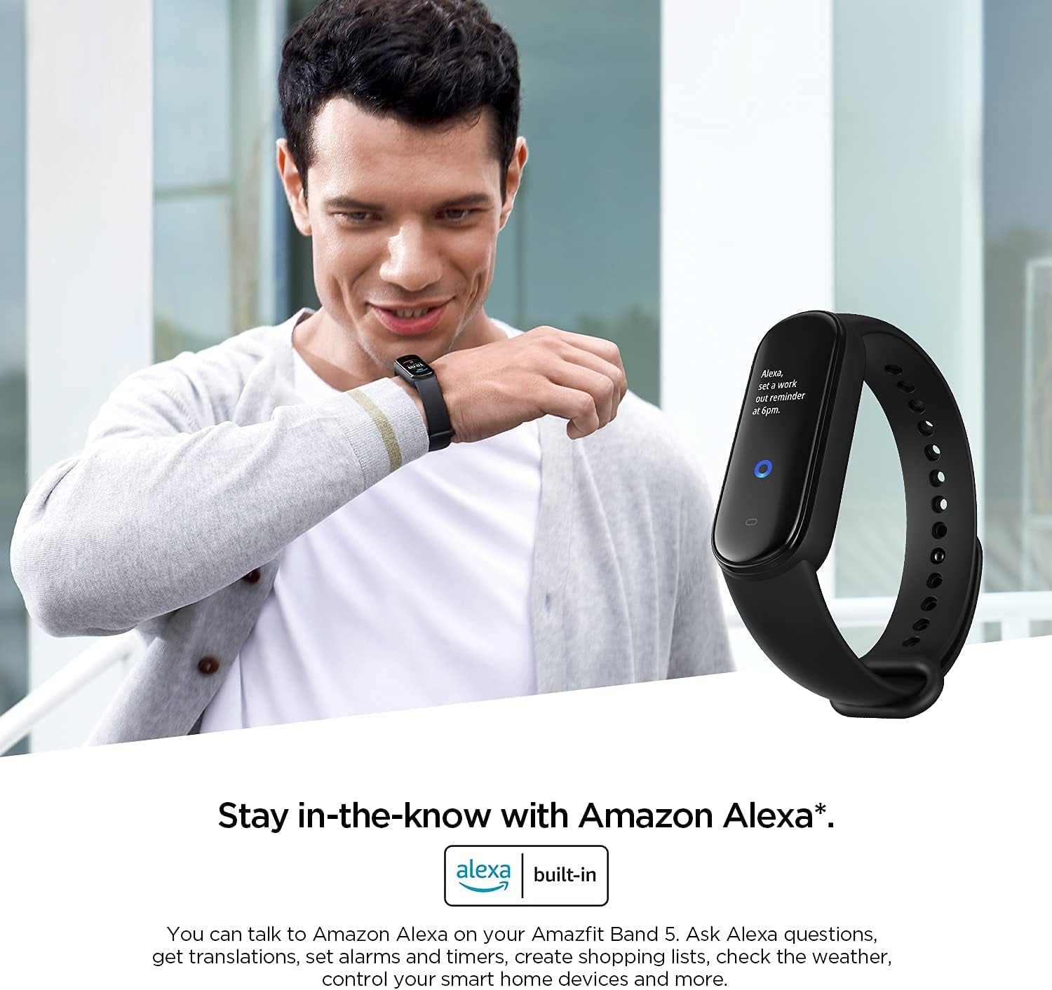 Band 5 Activity Fitness Tracker with Alexa Integration, 15-Day Battery Life, Blood Oxygen and Heart Rate Monitoring, Sleep and Stress Tracking, 5 ATM Water Resistance, Suitable for Men, Women, and Children, Black
