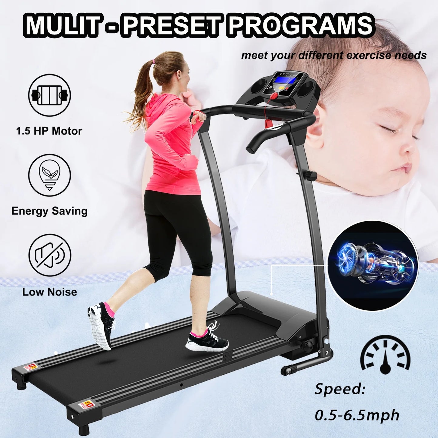 1.5HP Electric Folding Treadmill for Home, Portable Foldable Electric Motorized Running Exercise Machine Compact (Black)