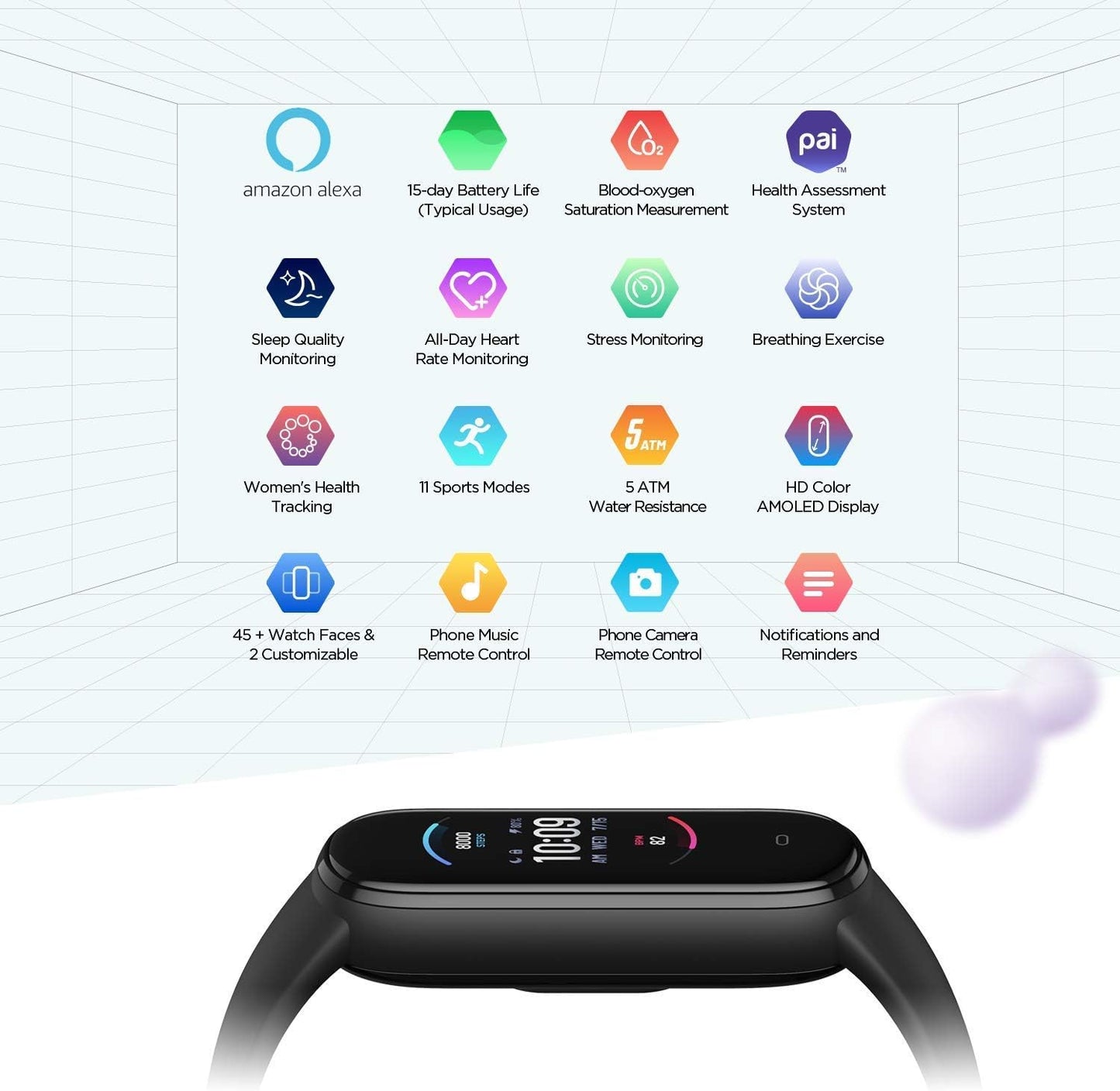 Band 5 Activity Fitness Tracker with Alexa Integration, 15-Day Battery Life, Blood Oxygen and Heart Rate Monitoring, Sleep and Stress Tracking, 5 ATM Water Resistance, Suitable for Men, Women, and Children, Black